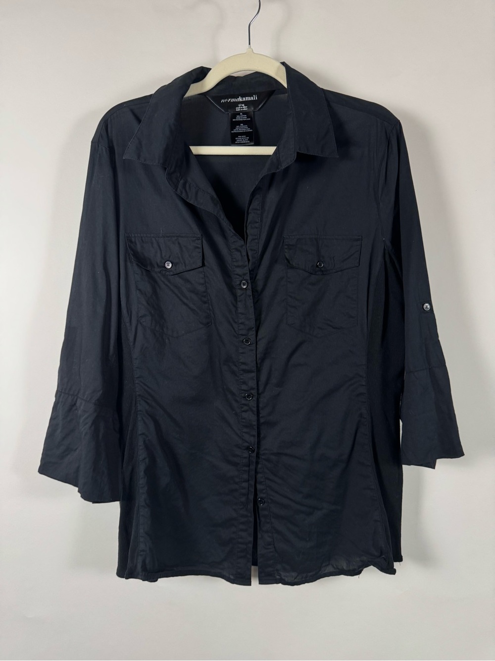 Norma Kamali Button Down Shirt XL Stretch Side Panel Minimalist Capsule Wardrobe